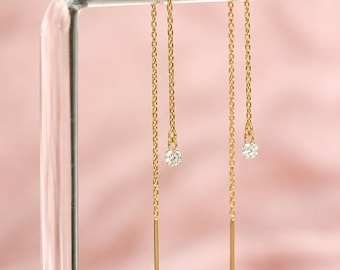 14K Diamond Threader Earrings, Lab Made Diamond, Double Hole Earrings, Chain Earrings, Solid Gold, Diamond Drop, Round Diamond, Dangle, 3mm