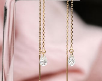 14K Gold Pear Diamond Threader Earrings, Floating Diamond, Tear Shape , Lab Made, Solid 14K Gold, Chain Earring, Drop Shape, Real Gold