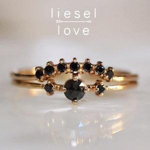 14K Gold Black Diamond Engagement Ring Set, &quot;Black Swan&quot; Ring Set, Black Diamond Engagement Ring, Stacking Ring, Black Stone, Curved, 10K