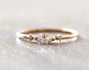 14K Gold Marquise Diamond Ring, Engagement Ring, Dainty Ring, Three Stone Ring, Marquise Engagement Ring, Minimal Jewelry, Solid Gold