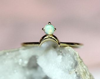 14K Opal Moon Ring, Stackable Moon Ring, Sideways Moon, Crescent Moon, Australian Opal, 10K Gold, Solid Gold Ring, Floating Stone, Dreamy