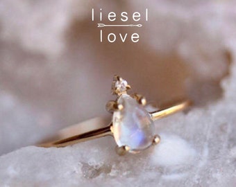 14K Gold Pear Moonstone & Diamond "Unicorn Tears" Ring