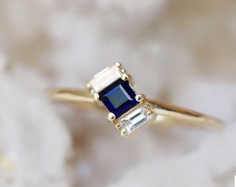 14K Gold Sapphire Diamond Baguette "Tilt" Ring