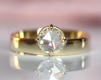 14K Gold Rose-cut Diamond Band, Wide Band, Cigar Band, 10K Gold, Solid Gold, Engagement Ring, Four Prong, High Polish, Flat Band, Stacking