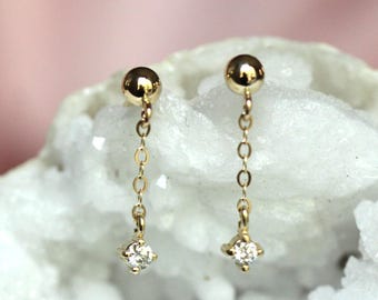 14K Gold Diamond Chain Stud Earrings, Ball Stud Dangle Earrings, Solid Gold Minimalist Earrings, Dainty Jewelry, Diamond Dangle Earrings