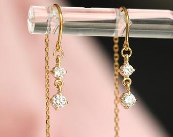 14K Gold Diamond Threader Earrings, Double Diamond, Hoop Threader, Looping Earrings, Solid Gold Earrings, Two Diamonds, Dangle Earrings