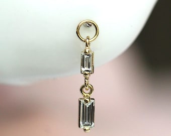 14K Double Diamond Baguette Earring Charm, Earring Dangle, Huggie Dangle, Stud Charm, Solid Gold, Hoop Charm, Piercing Charm, Earring Add On