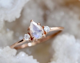 14K Gold Moonstone Pear Ring with Side Diamonds