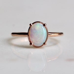 14K Gold Australian Opal Statement Ring, Oval Stone Ring, Opal Gemstone Ring, Solitaire Ring, Iridescent Stone, October Birthstone