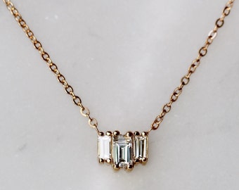 14K Gold Baguette Diamond Necklace, "Empire" Necklace, Diamond Necklace, Dainty Necklace, Art Deco, Rectangle Shape, Step Cut, Solid Gold