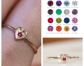 14K Gold Birthstone Heart Ring, Solid Gold Ring, January, February, March, April, May, June, July, August, September, November, December