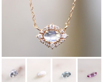 14K Gold Oval Halo Necklace, Halo Cabochon Necklace, Cluster Necklace, Moonstone, Opal, Aquamarine, Pink Sapphire, Diamonds, Solid Gold