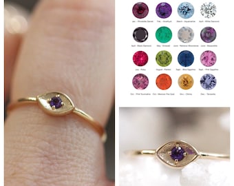 14K Gold Birthstone Eye Ring, Evil Eye Ring, January, February, March, April, May, June, July, August, September, November, December