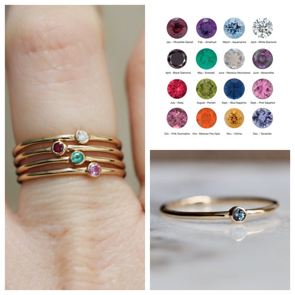 14K Gold Birthstone Ring, Solid Gold Ring, January, February, March, April, May, June, July, August, September, November, December