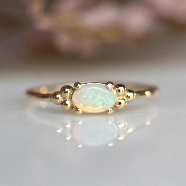 14K Triple Bead Opal Ring, Oval Opal Ring, Australian Opal, Gemstone Ring, October Birthstone, Opal Flash, Accented Opal Ring, Oval Gemstone