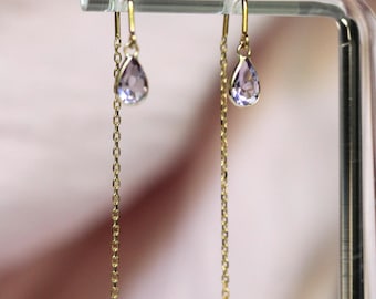 14K Amethyst Threader Earrings, Chain Earrings, Purple Stone, Pear stone, Real Gold. February Birthstone, Tear Shape, Loop Around Studs