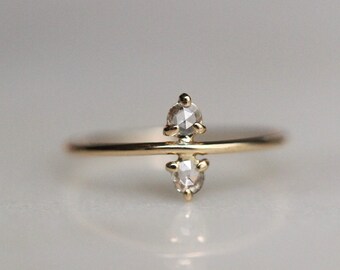 14K Gold Double Rose Cut Diamond Ring, Dainty Diamond Ring, Stacking Ring, Thin Ring, Skinny Ring, Two Floating Stones, Rose Cut Diamond