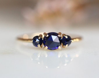 14K Gold Blue Sapphire Ring, Three Stone Ring, Triple Cabochon, Rose Cut Stone, 10K September Birthstone, Navy Blue Stone, Gift for Her