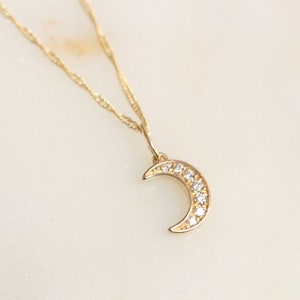 14K Gold Moon Necklace, Crescent Moon Necklace, Diamond Moon Necklace, Layering Necklace, Sparkle Chain, Half Moon Necklace
