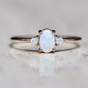 14K Gold Opal Diamond Ring, Three Stone Ring, Multicolor Stone, 10K Australian Opal, October Birthstone, Oval Gemstone, Australian Opal Ring