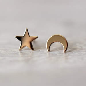 Solid 14K Star and Moon Studs, Rose Gold, Yellow Gold, Night Sky, Solid Gold Earring, Matte Finish, Mix and Match Earrings, Post Studs