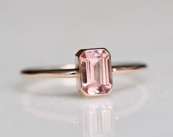 14K Gold Octagon Champagne Sapphire Ring, Pink Sapphire, Emerald Cut Bezel, Sapphire Engagement Ring, Solitaire Ring, Blush Stone