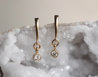 14K Gold Dangle Diamond Earrings, Drop Earrings, Post Dangle Earrings, Bezel Earrings, Bridal Earrings, Minimal Dangle Earrings, Stud