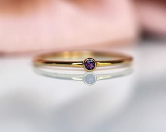 14K Gold Tiny Amethyst Ring, Purple Stone Ring, Dainty Ring, Dainty Jewelry, Stacking Ring, February Birthstone Ring, Bezel Stone, Stacker