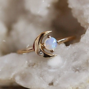 14K Gold Birthstone Moon Ring, "Moon of My Life" Ring, Astrology Ring, Birthstone Ring, Dainty Ring, Opal Moon Ring, Crescent Moon