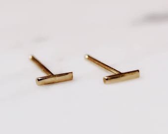 Solid 10K Tiny Gold Line Studs, Square Bar Studs, 10k Rose Gold, 10k Yellow Gold, Straight Studs, 5 mm, Stick Earring, Real Gold