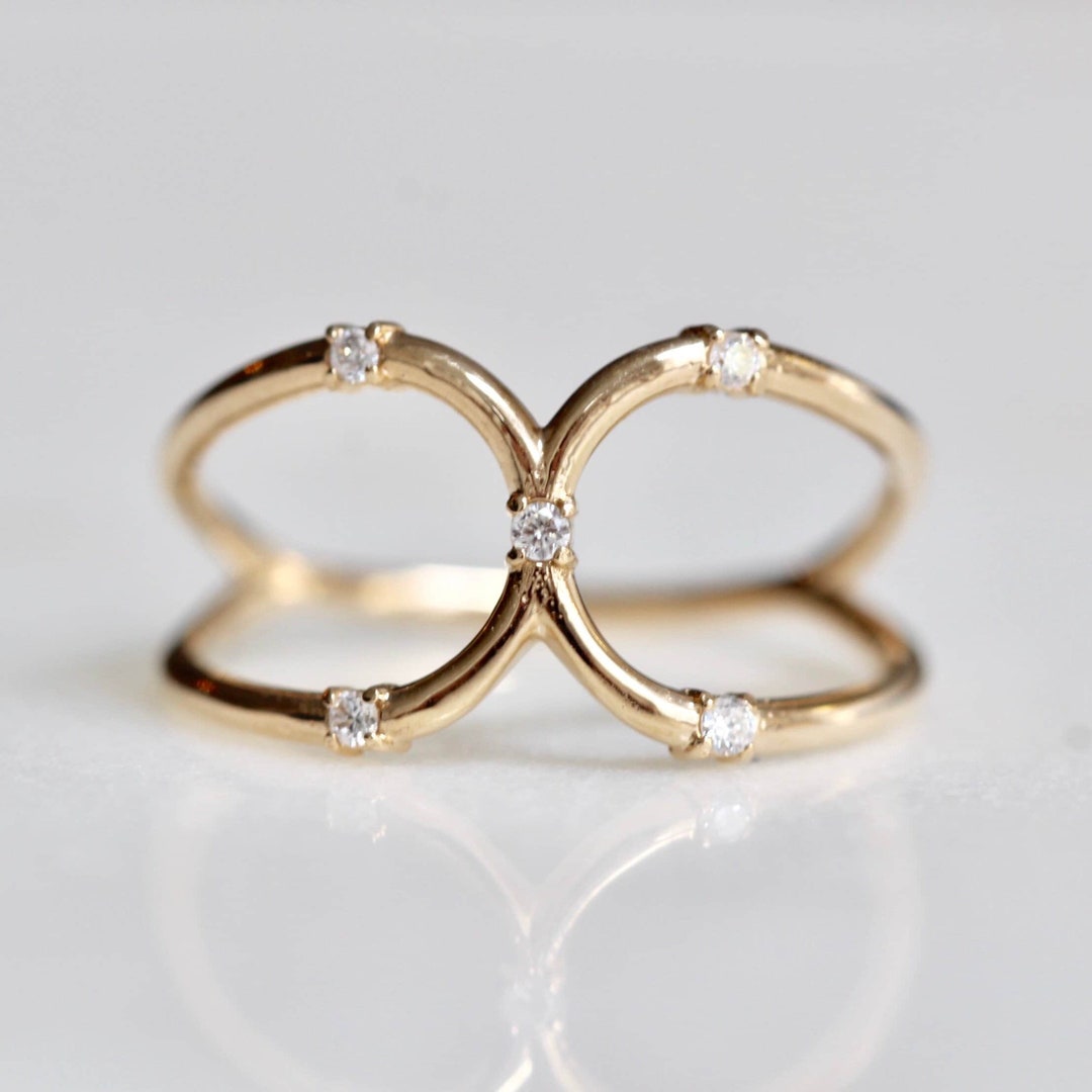 14K Double Loop Ring Diamond Loop Ring Double Ring Two - Etsy