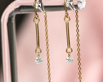 14K Gold Threader Earrings, Bar Threader, Floating Diamond Threader, Minimal Jewelry, Chain Earring, Wrap Around Studs, Real Gold, Lab Made