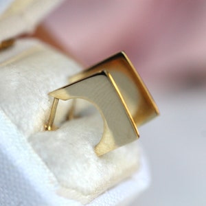 May include: A pair of gold hoop earrings with a square design. The earrings are in a white box.