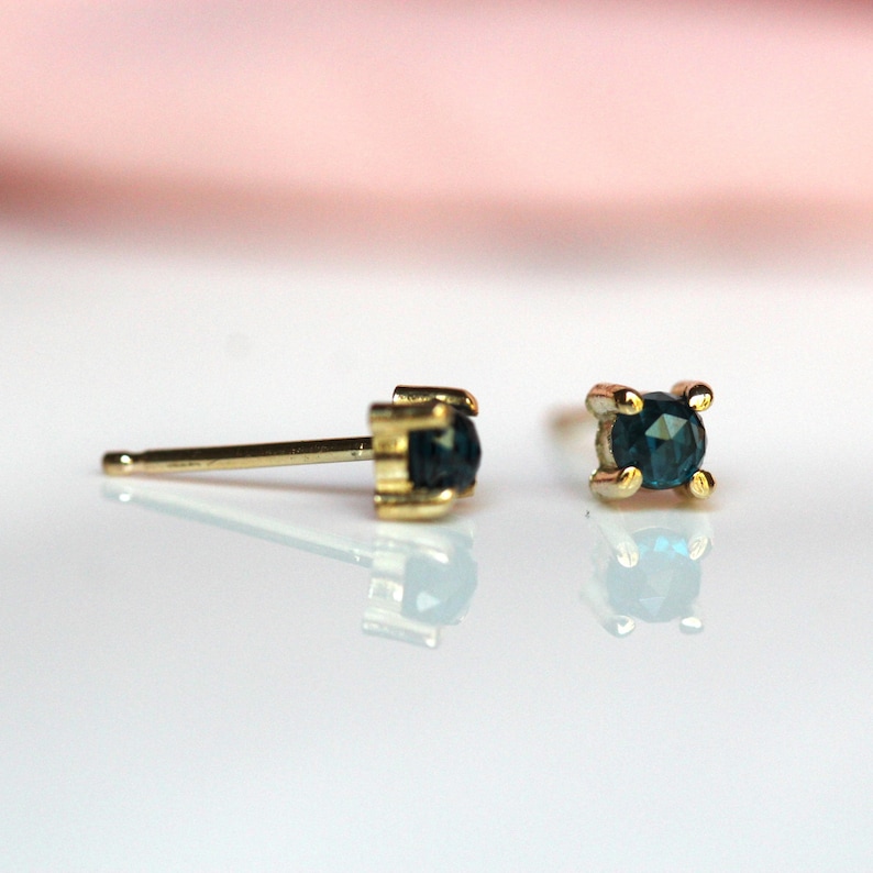 14K Gold London Blue Topaz Studs, Teal Stone, Rose Cut Stone, Every Day Wear, November Birthstone, Tiny Stud, Blue Green Stone, Cabochon image 3