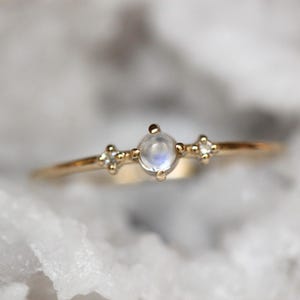 14K Gold Moonstone Diamond Ring, &quot;Moonlight Drive&quot; Ring, Moonstone Ring, Dainty Ring, Smooth Moonstone, Rainbow Moonstone, Blue Flash, 10K