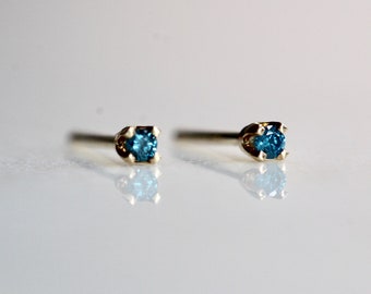 14K Gold Tiny Blue Diamond Studs