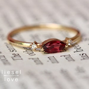 14K Gold Garnet Diamond Ring, "Shimmer" Ring, Marquise Cut, Rhodolite Garnet, Solid Gold Ring, Marquise Red Stone, Three Stone, Purple, 10K
