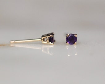 14K Gold Amethyst Stud, 3mm Stone, Purple Stone Earring, Faceted Stone, Everyday Wear, February Birthstone, Post Earring, Solid Gold
