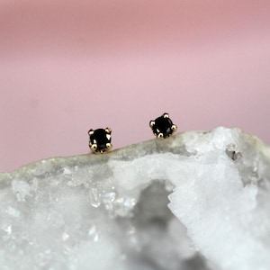 14K Gold Tiny Black Diamond Studs, Black Diamond, Black Stone, Tiny Earrings, Solid Gold, Gold Stud, Real Gold, Post Studs. Four Prong