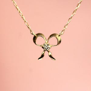 14K Ribbon Necklace, Diamond Bow Necklace, 10K Gold, Solid Gold Necklace, Layering Necklace, Ribbon Tie, Pendant Necklace, April Birthstone