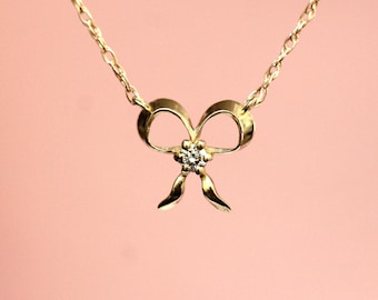 14K Ribbon Necklace, Diamond Bow Necklace, 10K Gold, Solid Gold Necklace, Layering Necklace, Ribbon Tie, Pendant Necklace, April Birthstone