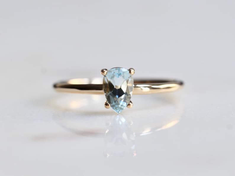 14K Gold Aquamarine Pear Solitaire Ring, Tear Shape Ring, Gemstone Engagement Ring, Light Blue Stone, Aqua Stone, Pear Shape, Drop Shape image 6