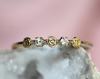 14K Triple Flower Ring, Diamond Rose Ring, Boquete Ring, Stacking Ring, 10K Gold, Real Gold, Solid Gold, Dainty Flower Ring, Rose Ring