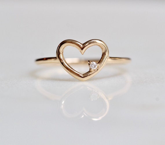 14K Heart Ring Diamond Heart Ring Open 
