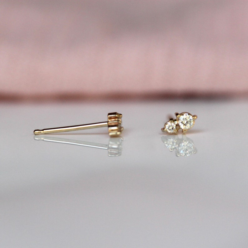 14k Gold Two Diamond Stud, Second Hole Stud, Tiny Post Earring, Mutiple Piercing Stud, Three Prong, Real Gold, Minimal Jewelry, Solid Gold image 10