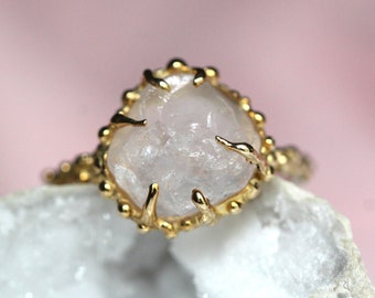 10K Raw Rose Quartz Ring, Raw Stone Ring, Organic Texture, Beaded Texture, Bubble Ring, Pink Stone, Stone of Love, Uncut Gem, Spike Prong