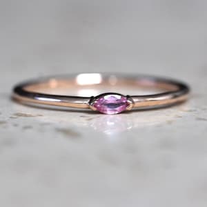 14K Gold Marquise Pink Sapphire Ring, &quot;Wink&quot; Ring, Stacking Ring, Midi Ring, 10K Promise Ring, Pink Stone Ring, Double Point Stone, V Prong