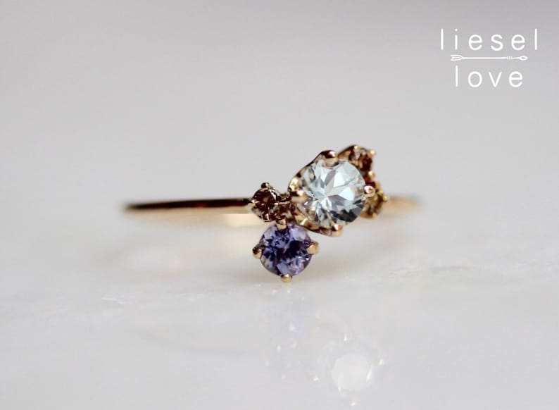 14K Gold Gemstone Cluster Ring, Garden Ring, Cluster Ring, Engagement Ring, Aquamarine, Tanzanite, Champagne Diamonds, Gemstone Ring image 3