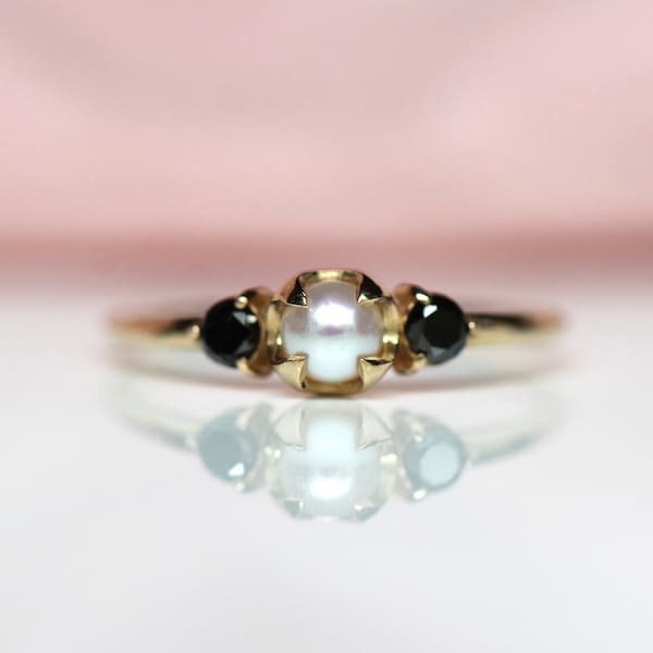 14K Gold Pearl Diamond Ring, Black Diamond Ring, Cluster Ring, 10K, Engagement Ring, Pearl Ring, Dainty Ring, Three Stone Ring, Solid Gold