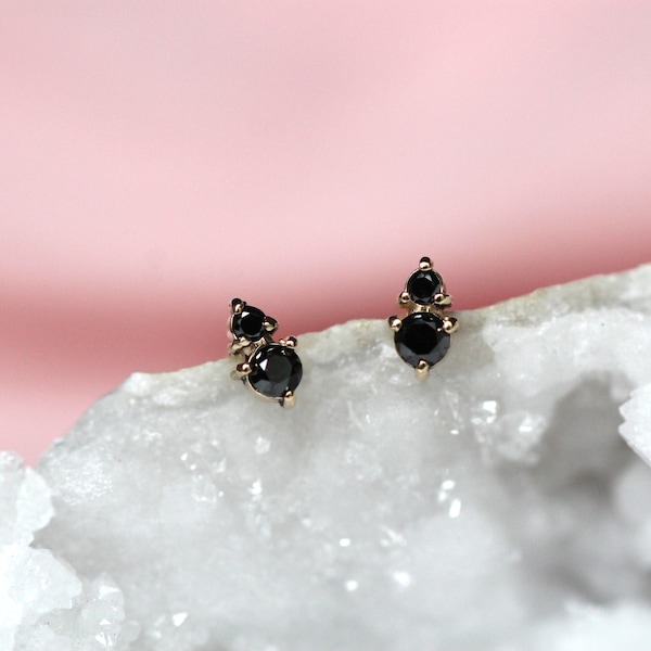14K Gold Black Diamond Duo Stud, Two Stone Stud, Second Hole Stud, Tiny Stud, Black and Gold, Black Diamond Earring, Three Prong Stud